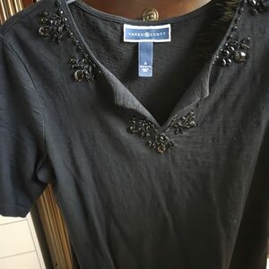 Karen Scott Black Beaded Short Sleeve Top